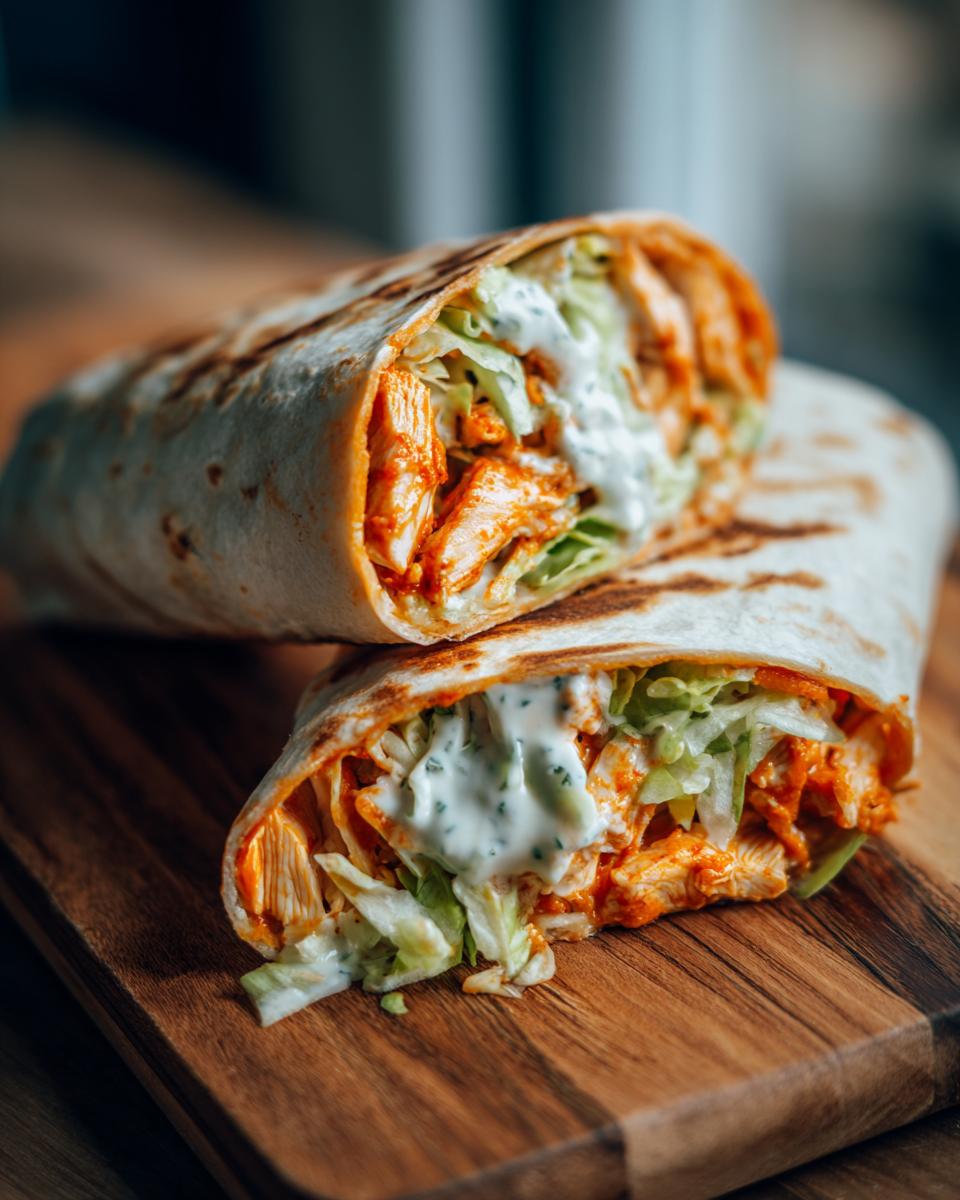 Close-up of a delicious buffalo chicken wrap cut in half, showing spicy chicken, lettuce, and ranch dressing.