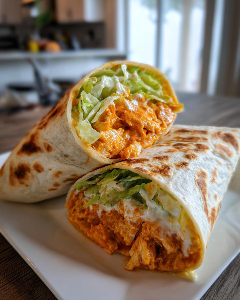 Two halves of a grilled buffalo chicken wrap cut open, showing spicy orange chicken, lettuce, and ranch dressing.