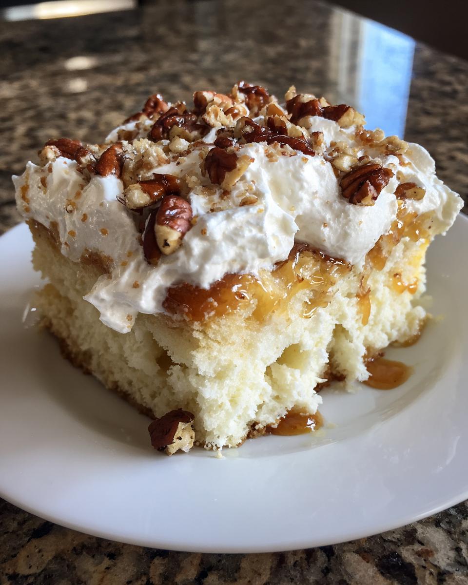A moist slice of butter pecan praline poke cake topped with whipped cream, caramel sauce, and chopped pecans.