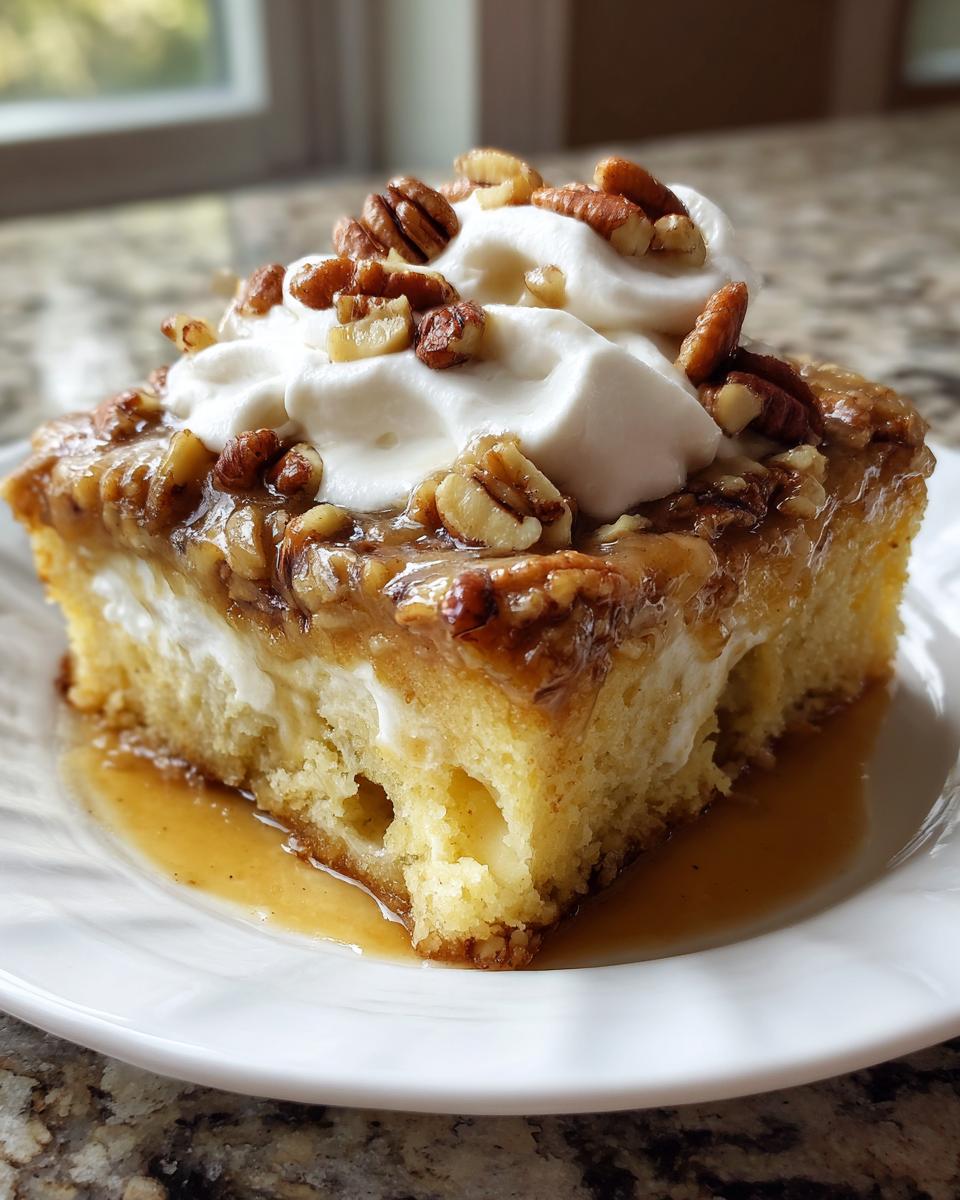 A moist slice of butter pecan praline poke cake topped with whipped cream and pecans, sitting in caramel sauce.
