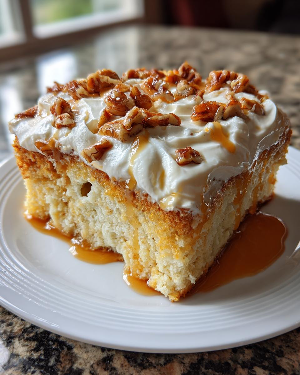 A moist slice of butter pecan praline poke cake topped with whipped cream and candied pecans.