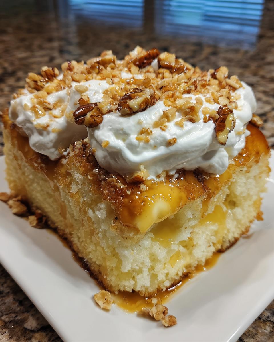 Close-up of a slice of butter pecan praline poke cake soaked in caramel, topped with whipped cream and chopped pecans.
