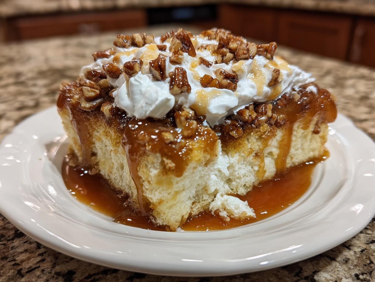 A moist slice of butter pecan praline poke cake topped with whipped cream, caramel sauce, and chopped pecans.