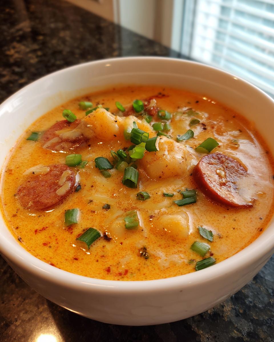 Close-up of a creamy, orange-hued bowl of cajun potato soup, featuring chunks of potato, sliced andouille sausage, and green onion garnish.