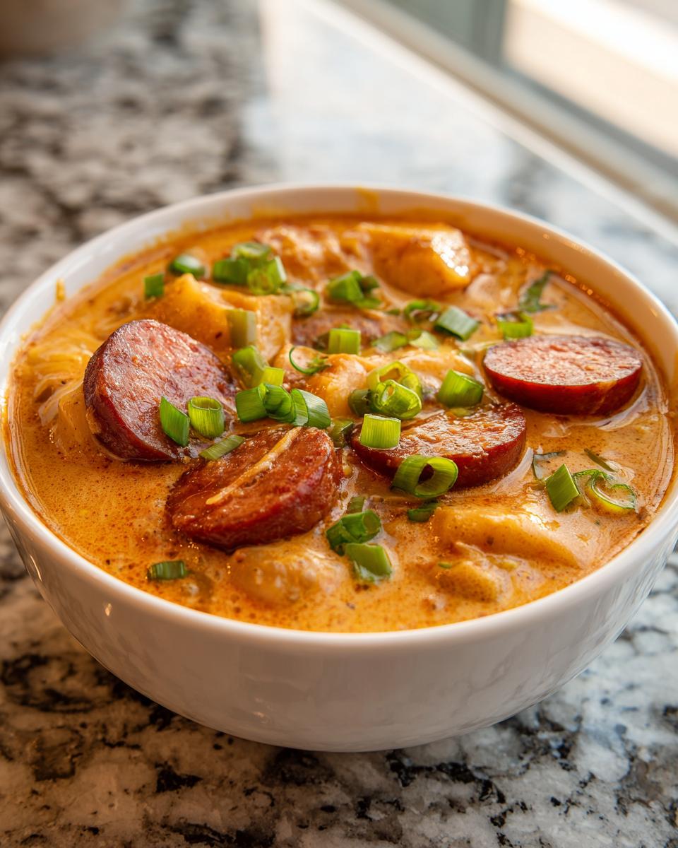 Close-up of a bowl of rich, orange-hued cajun potato soup topped with sliced smoked sausage and green onions.