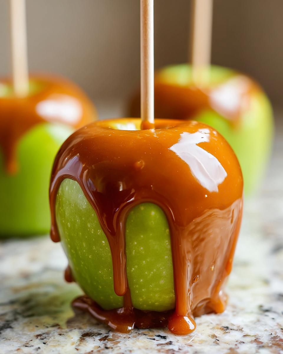 Close-up of a bright green apple coated in dripping, glossy caramel, ready to eat as a caramel apple.