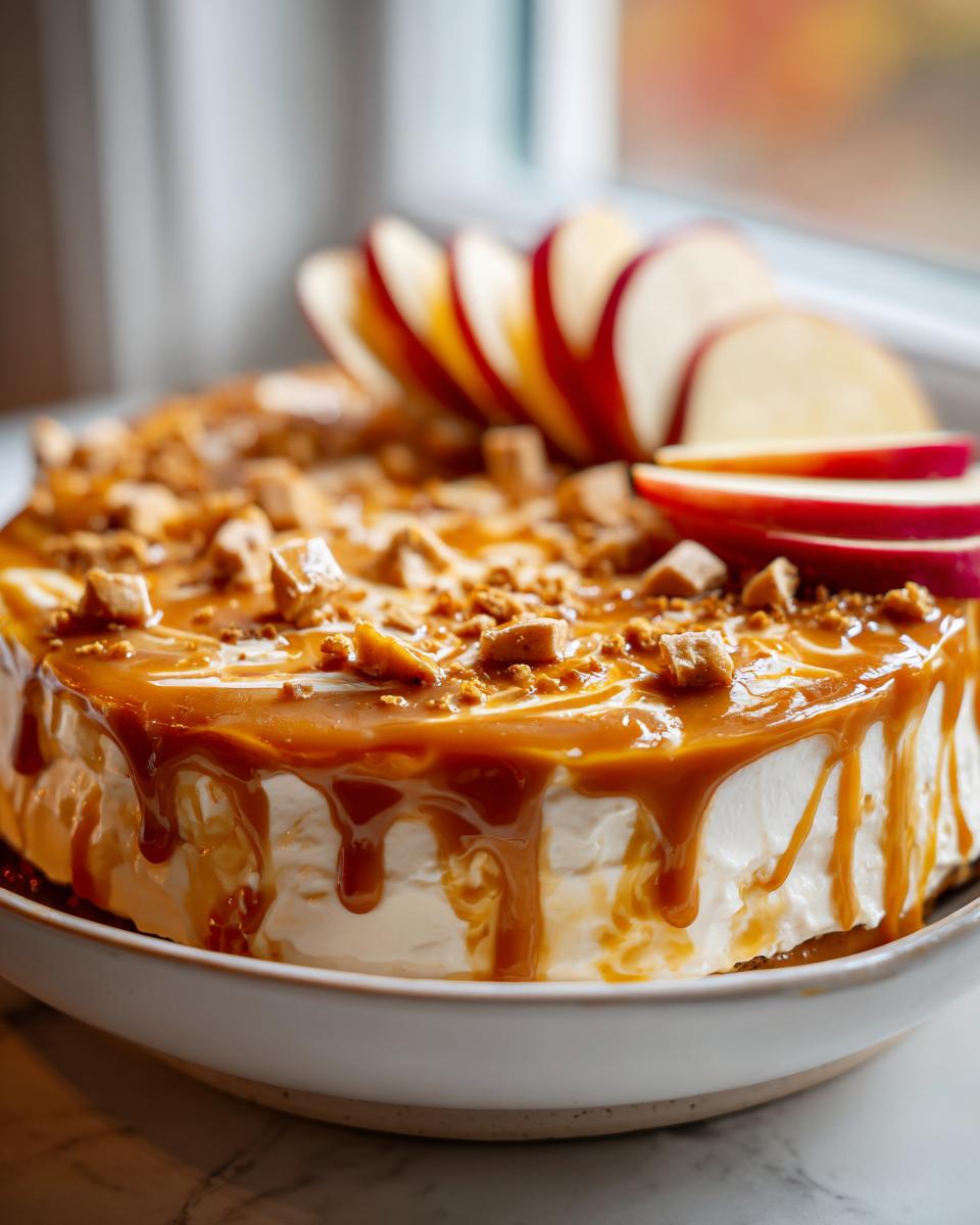 A creamy, round dessert topped with dripping caramel sauce, crunchy bits, and fresh apple slices, perfect for an apple dip recipe.