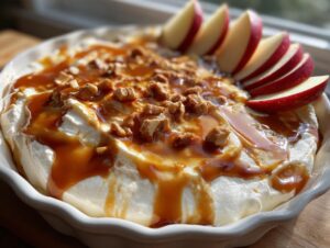 A creamy, white apple dip topped with rich caramel sauce and chopped toffee pieces, garnished with fresh red apple slices.