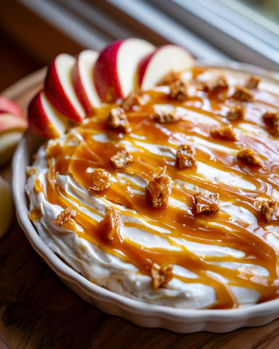 Close-up of a creamy apple dip topped with caramel drizzle and crunchy toffee bits, served with fresh apple slices.