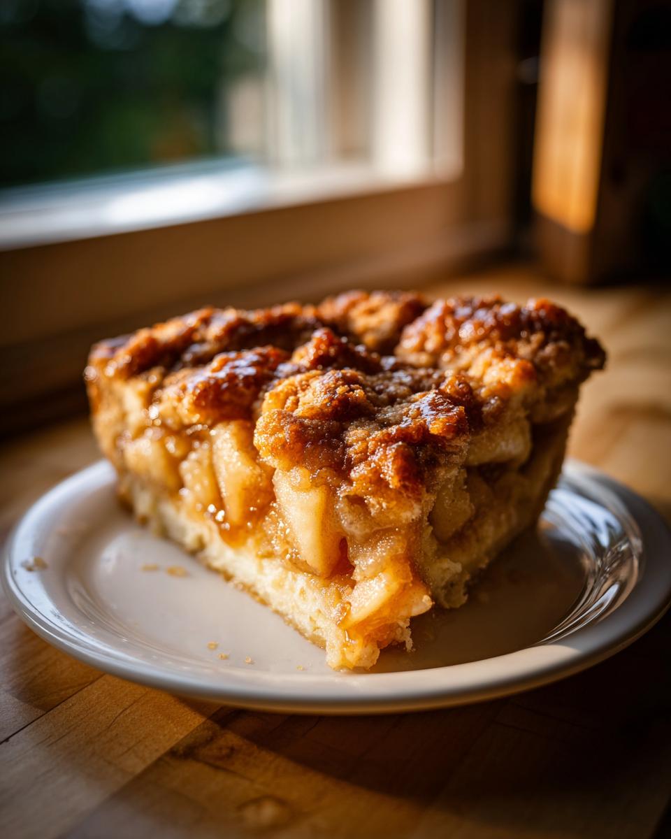 A close-up of a thick slice of caramel apple dump cake, showing gooey apples and a crumbly topping, served on a white plate.