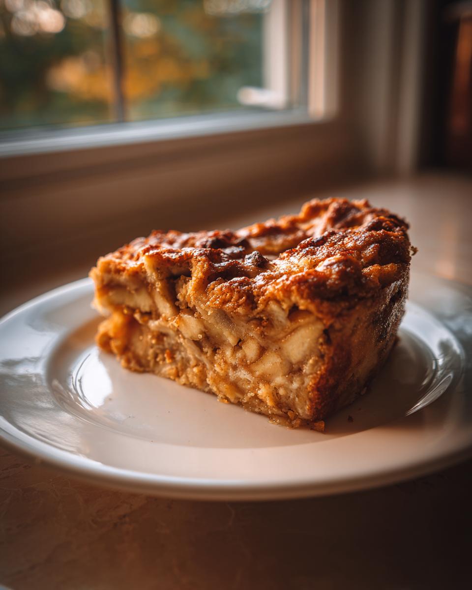 A close-up of a golden brown slice of caramel apple dump cake served on a white plate near a window.