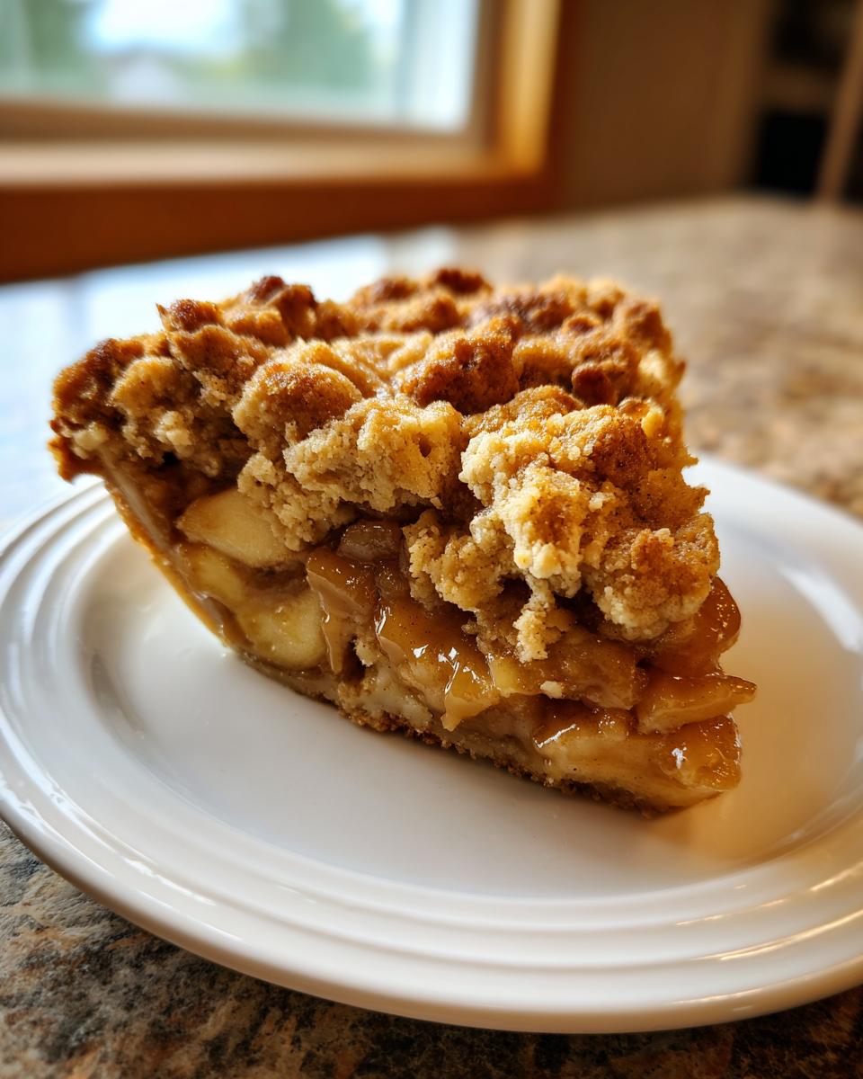 Close-up of a slice of caramel apple dump cake with a crumbly topping on a white plate.