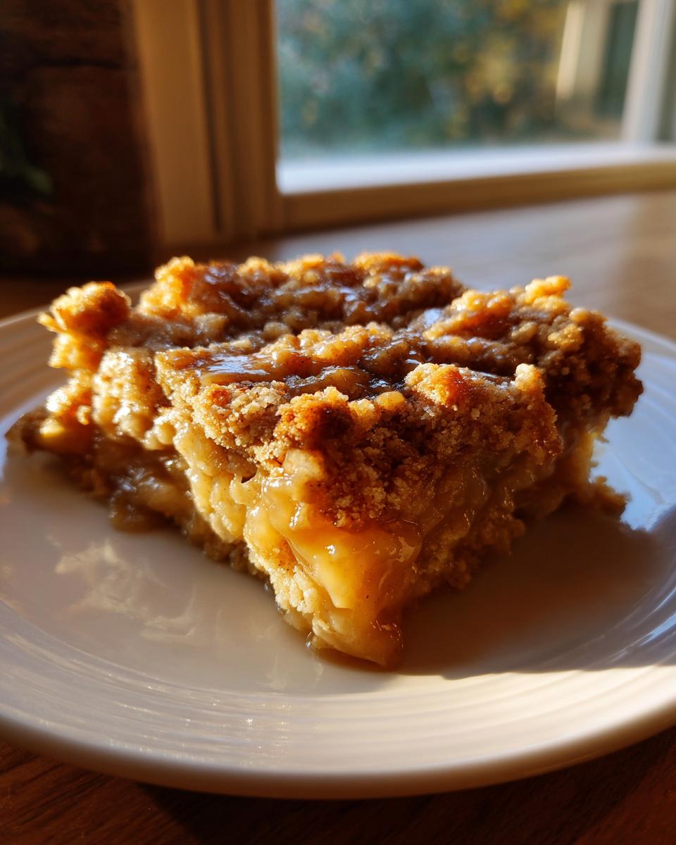 A close-up of a warm slice of caramel apple dump cake with a crumb topping, glistening with caramel sauce.