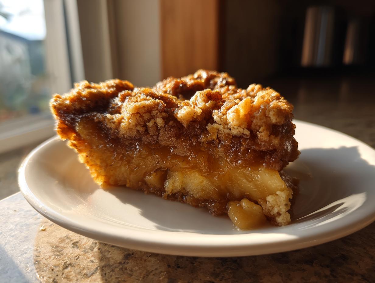 A close-up, sunlit slice of caramel apple dump cake showing gooey filling and a crumbly topping on a white plate.