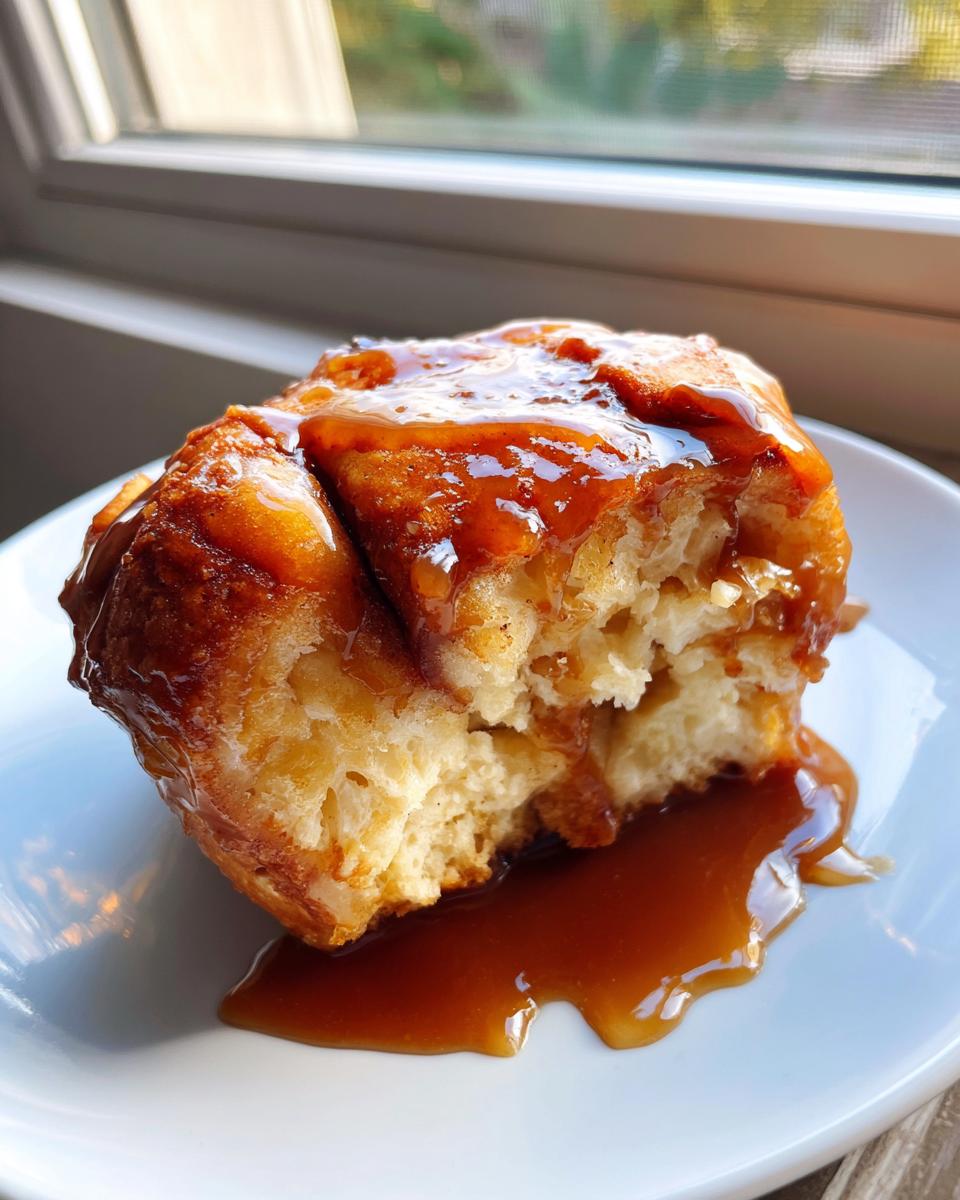 A close-up of a soft, baked apple dumpling generously covered in thick caramel sauce pooling on a white plate.