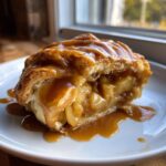 A cross-section of a warm apple dumpling smothered in rich caramel sauce, served on a white plate.