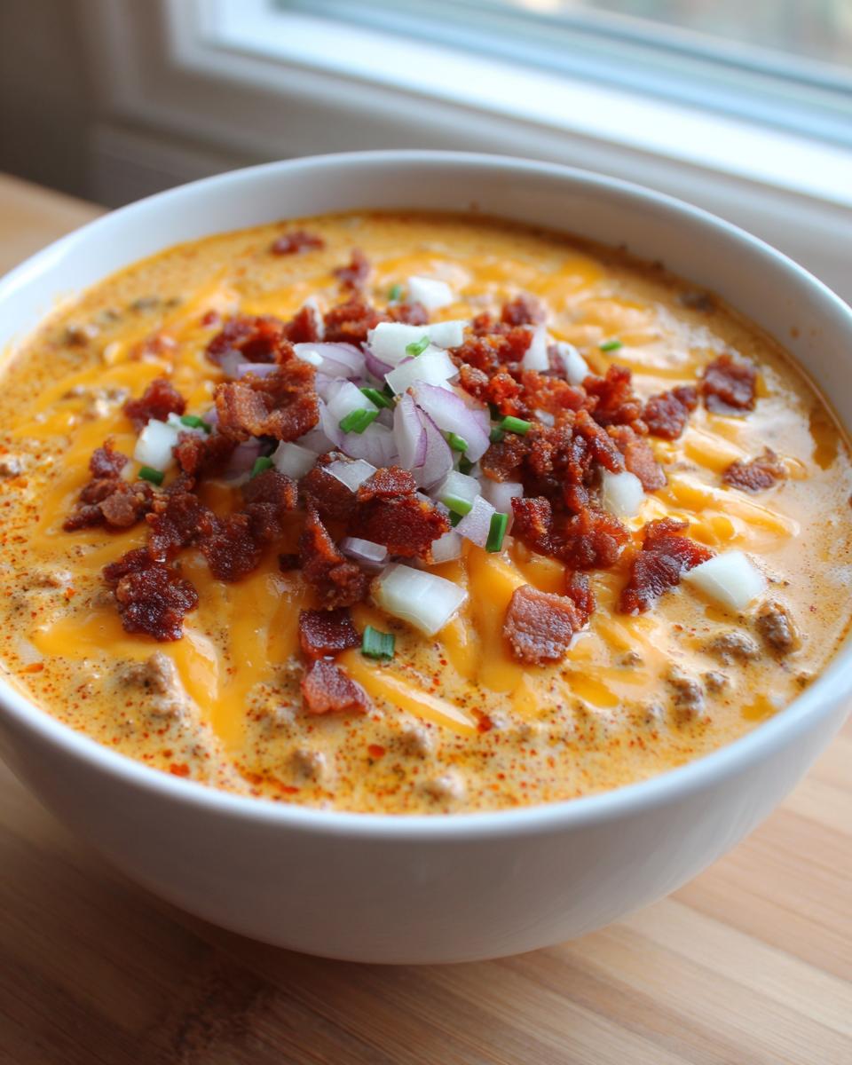 A close-up of a bowl of creamy cheeseburger soup recipe, topped generously with melted cheese, bacon bits, and diced red onion.