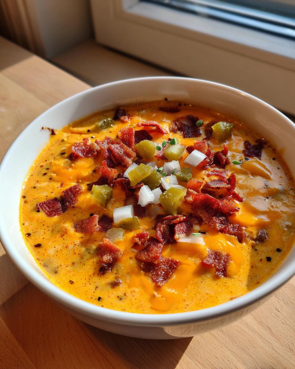 Close-up of a bowl of creamy, orange cheeseburger soup recipe topped with crispy bacon bits, diced pickles, and onions.