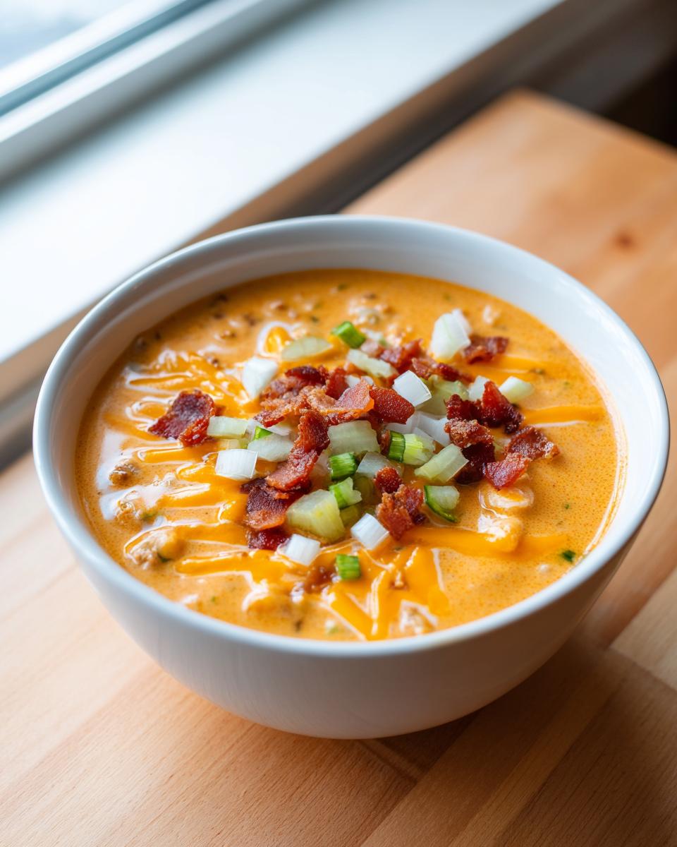 A close-up of a bowl of creamy, orange cheeseburger soup recipe topped with crumbled bacon, diced white onions, and green onions.