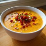 Close-up of a creamy, orange cheeseburger soup recipe bowl topped generously with crumbled bacon, diced white onions, and chives.