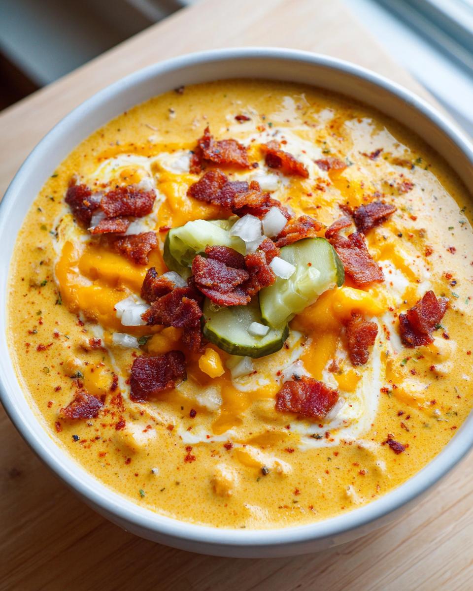 A creamy, orange bowl of cheeseburger soup topped with melted cheese, bacon bits, pickles, and onions.