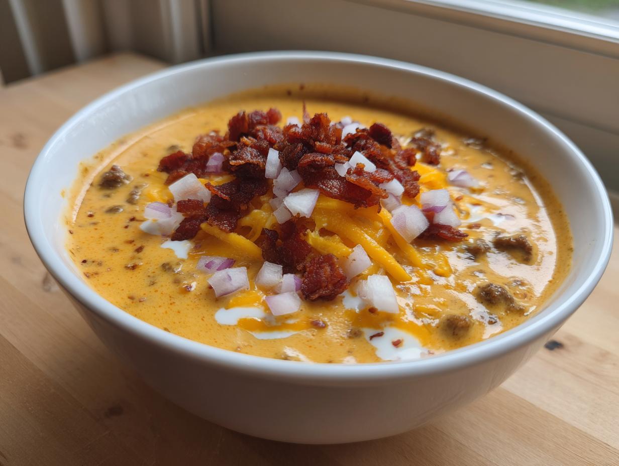A white bowl filled with creamy, orange cheeseburger soup, topped with shredded cheese, bacon bits, and diced red onion.