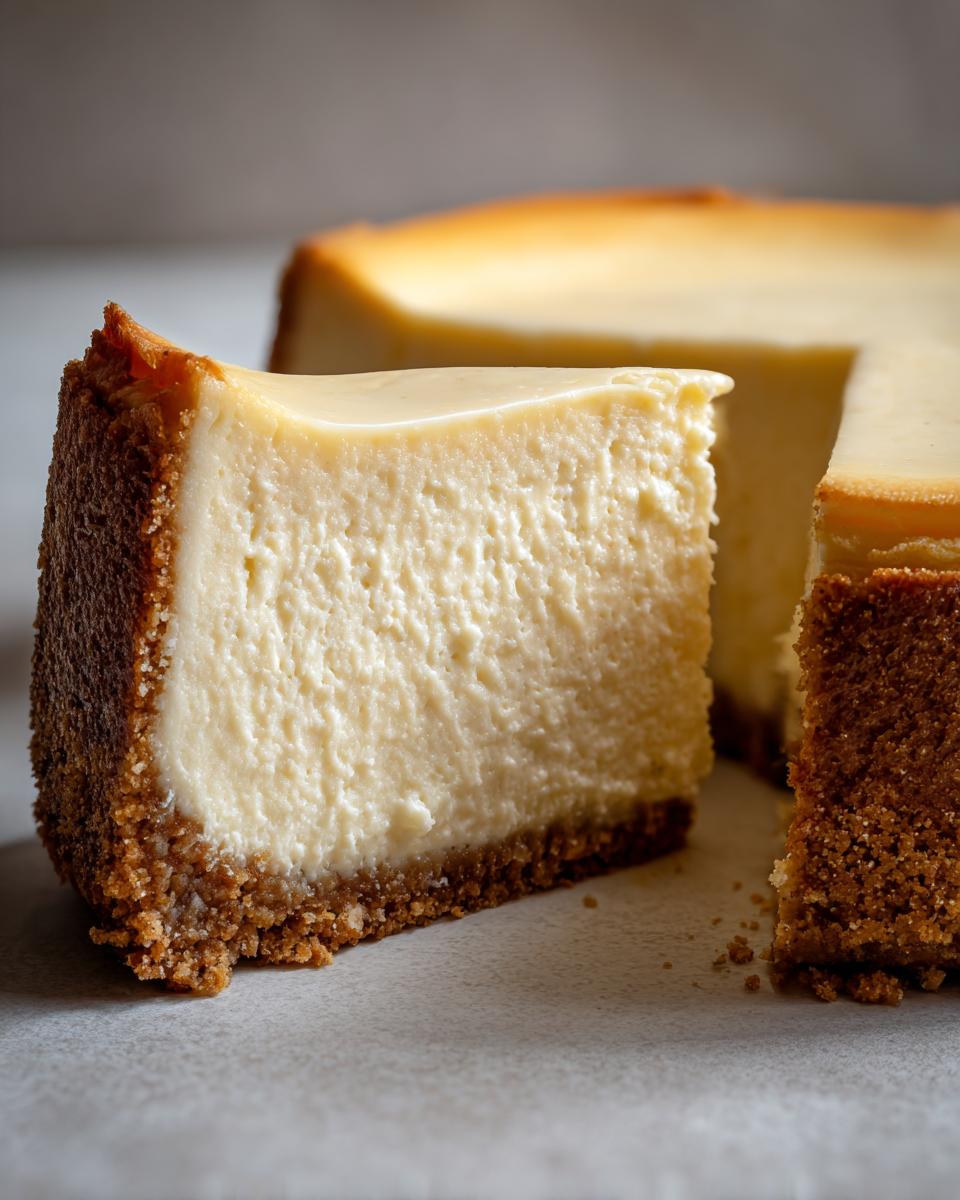 A close-up shot of a thick, creamy slice of cheesecake recipe with a dark graham cracker crust.