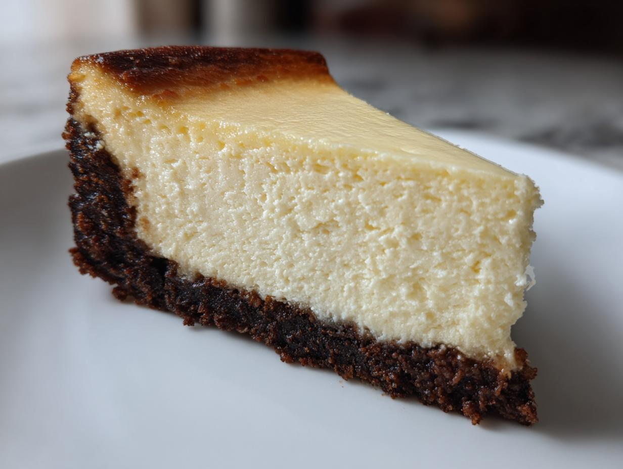 A perfect slice of creamy cheesecake recipe with a dark chocolate or graham cracker crust.