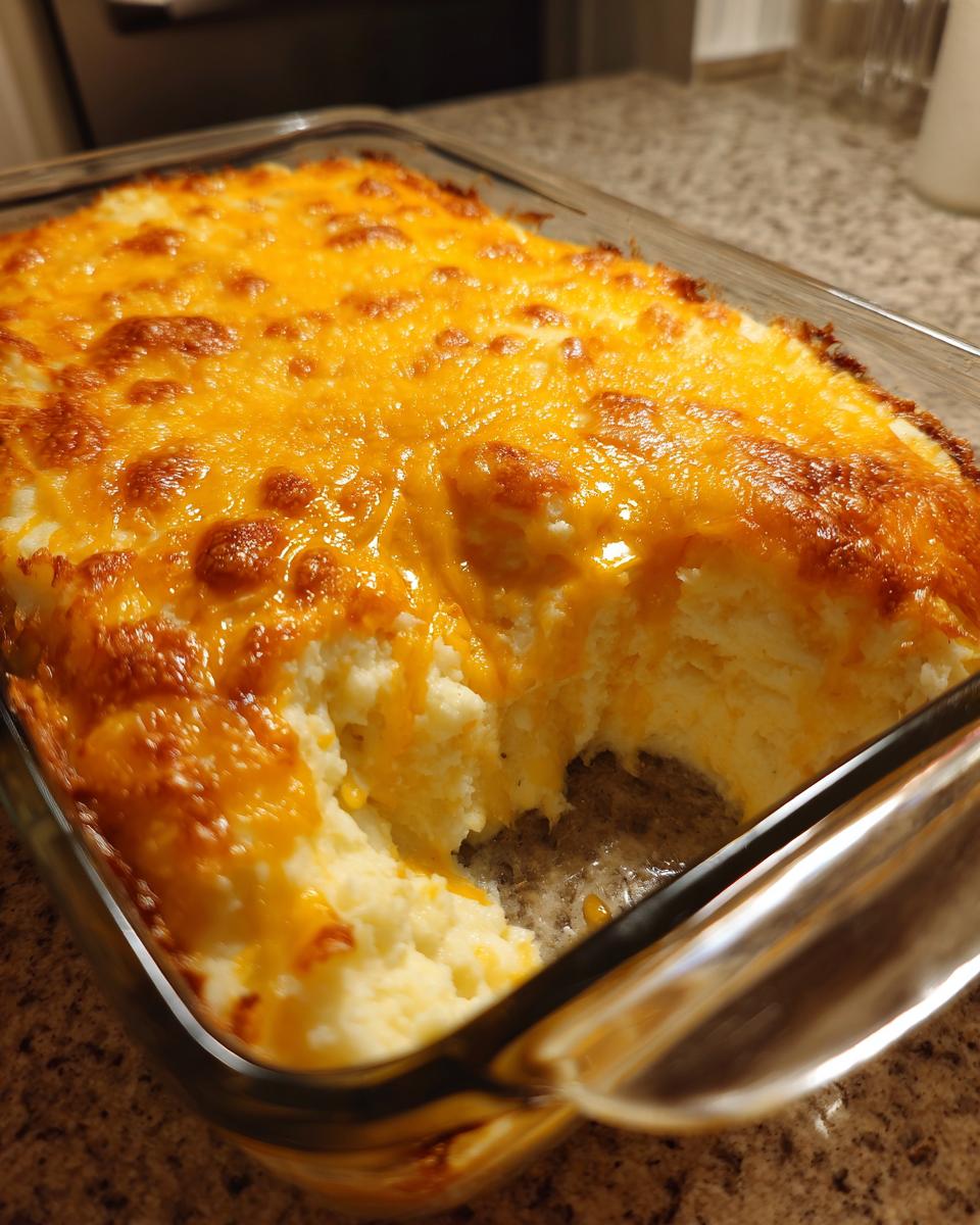 A close-up of cheesy baked mashed potatoes in a clear glass casserole dish, showing a scoop removed.