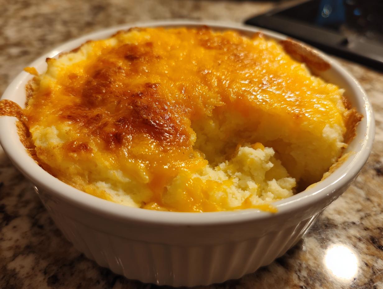 Close-up of cheesy baked mashed potatoes in a white ramekin with a golden brown crust.