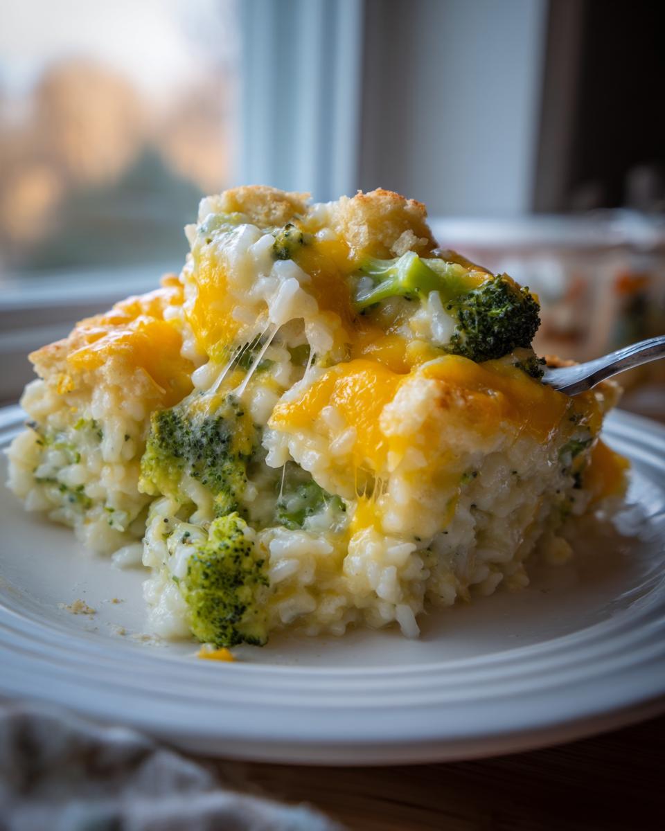 A close-up of a serving of cheesy broccoli rice casserole being lifted with a fork, showing melted cheese strings.