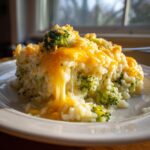 A close-up serving of cheesy broccoli rice casserole with melted cheddar cheese stretching as it's lifted.