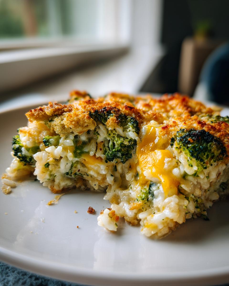 Close-up of a serving of creamy broccoli rice casserole with melted cheddar cheese and a golden brown topping.