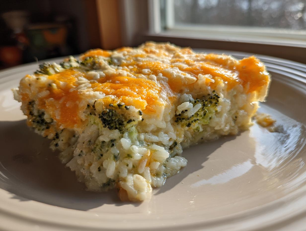 A close-up slice of creamy broccoli rice casserole topped with melted cheddar cheese.