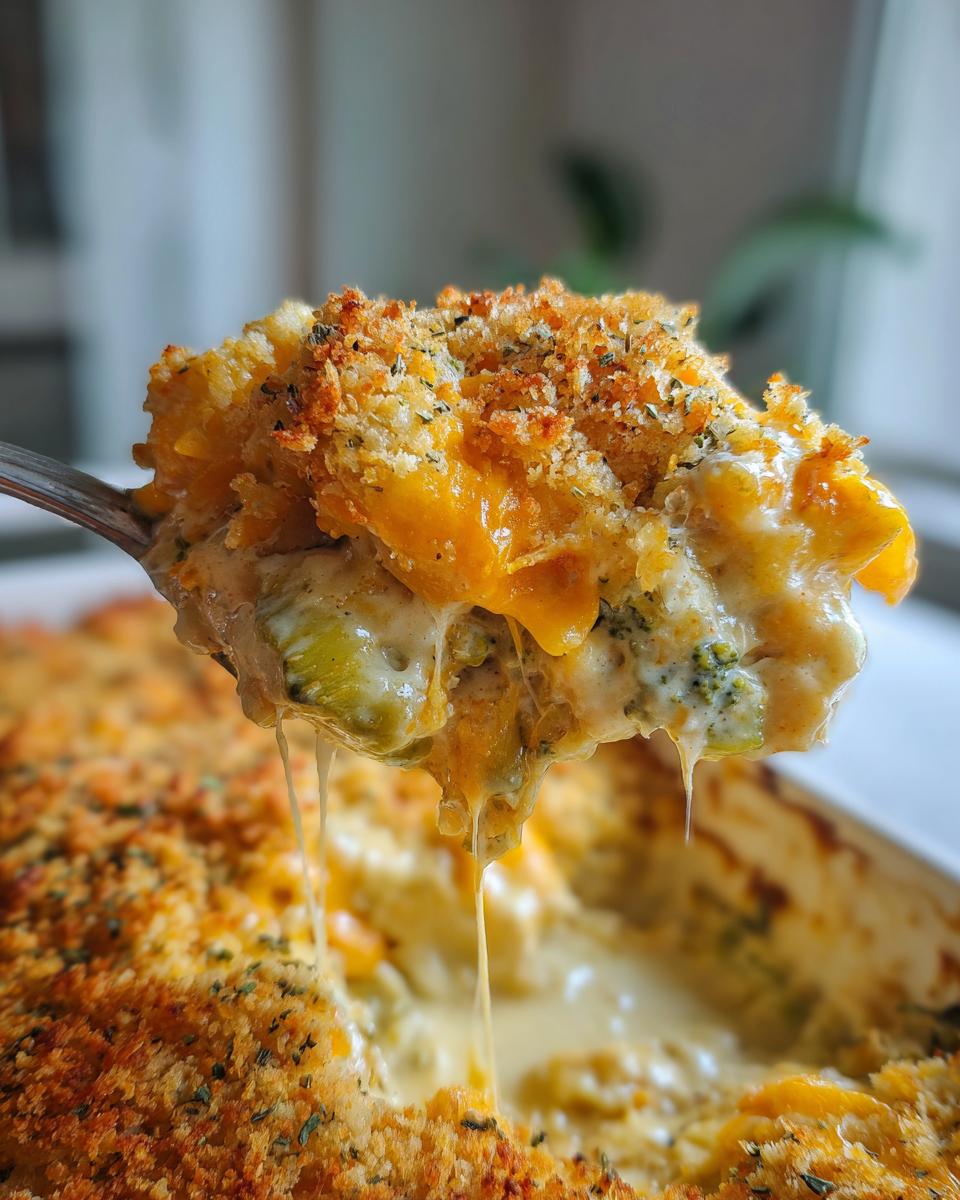 A spoonful of creamy, cheesy vegetable casserole, featuring broccoli and a golden, crunchy topping, being lifted from the dish.