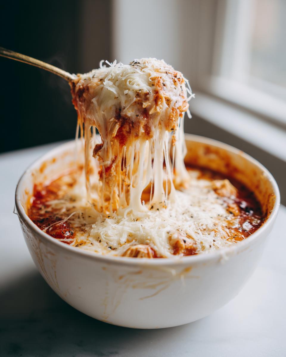 A spoonful of hot chicken parmesan soup being lifted, showing long, melted cheese strings stretching from the bowl.