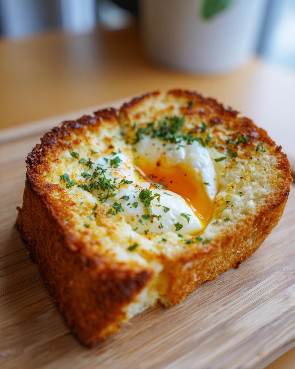 Close-up of cheesy egg toast with a perfectly cooked egg showing a runny yolk, garnished with parsley.