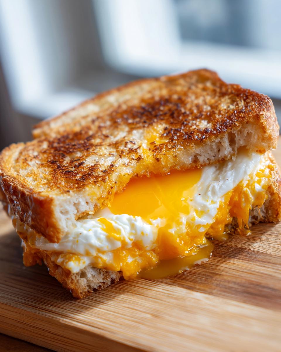 Close-up of cheesy egg toast cut in half, showing a perfectly cooked egg with a runny yolk spilling out.