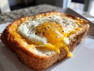 A close-up of cheesy egg toast featuring a perfectly cooked egg with a runny yolk, seasoned with pepper.