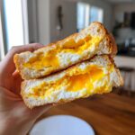 Close-up of cheesy egg toast cut in half, showing runny, bright yellow yolks inside toasted bread.
