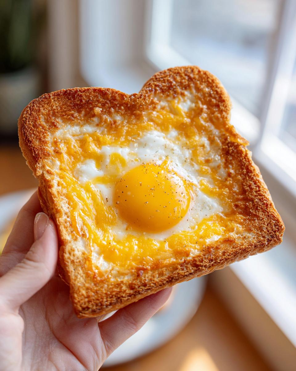 A hand holding a perfectly toasted slice of cheesy egg toast with a bright, runny yolk in the center.