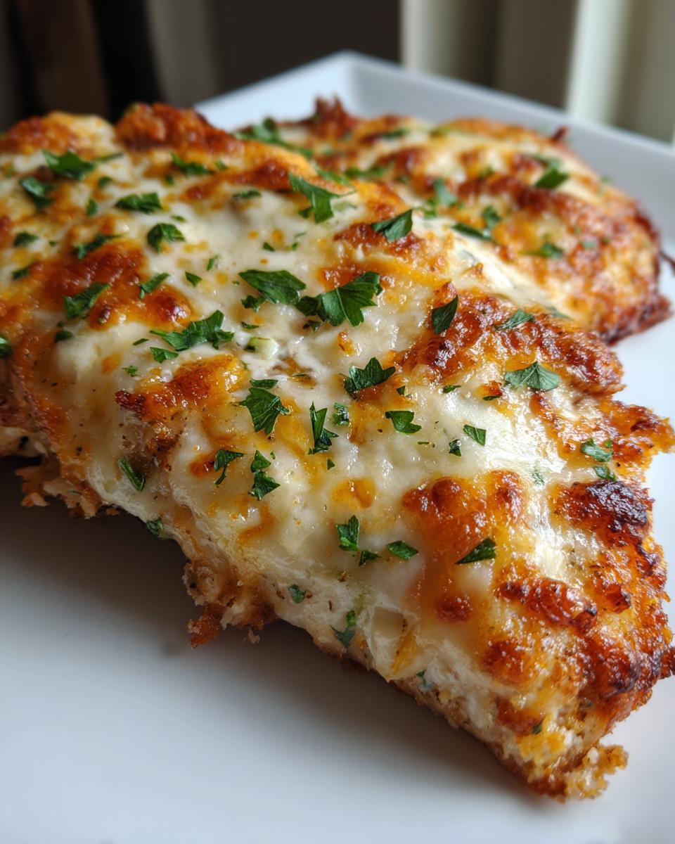 Close-up of baked fiesta lime chicken breast topped with melted, browned cheese and fresh parsley.
