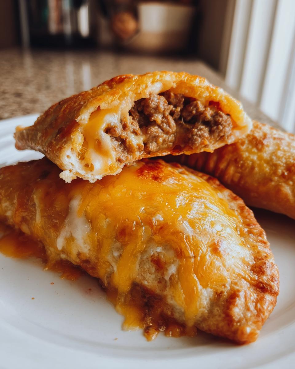 Close-up of cheesy pocket tacos, one cut open showing ground beef and melted cheese filling.