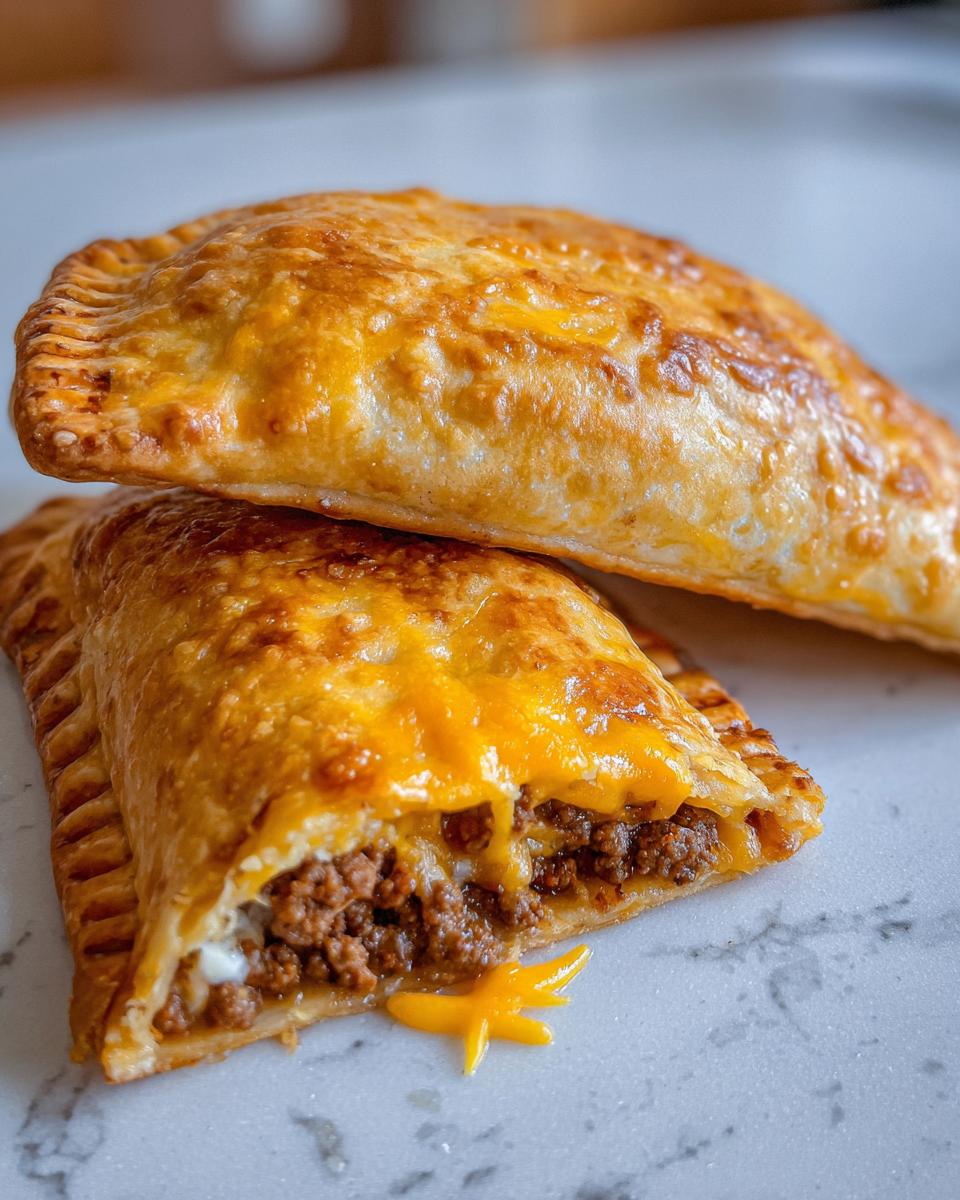 Two golden-brown cheesy pocket tacos stacked, one cut open showing seasoned ground beef and melted cheese.