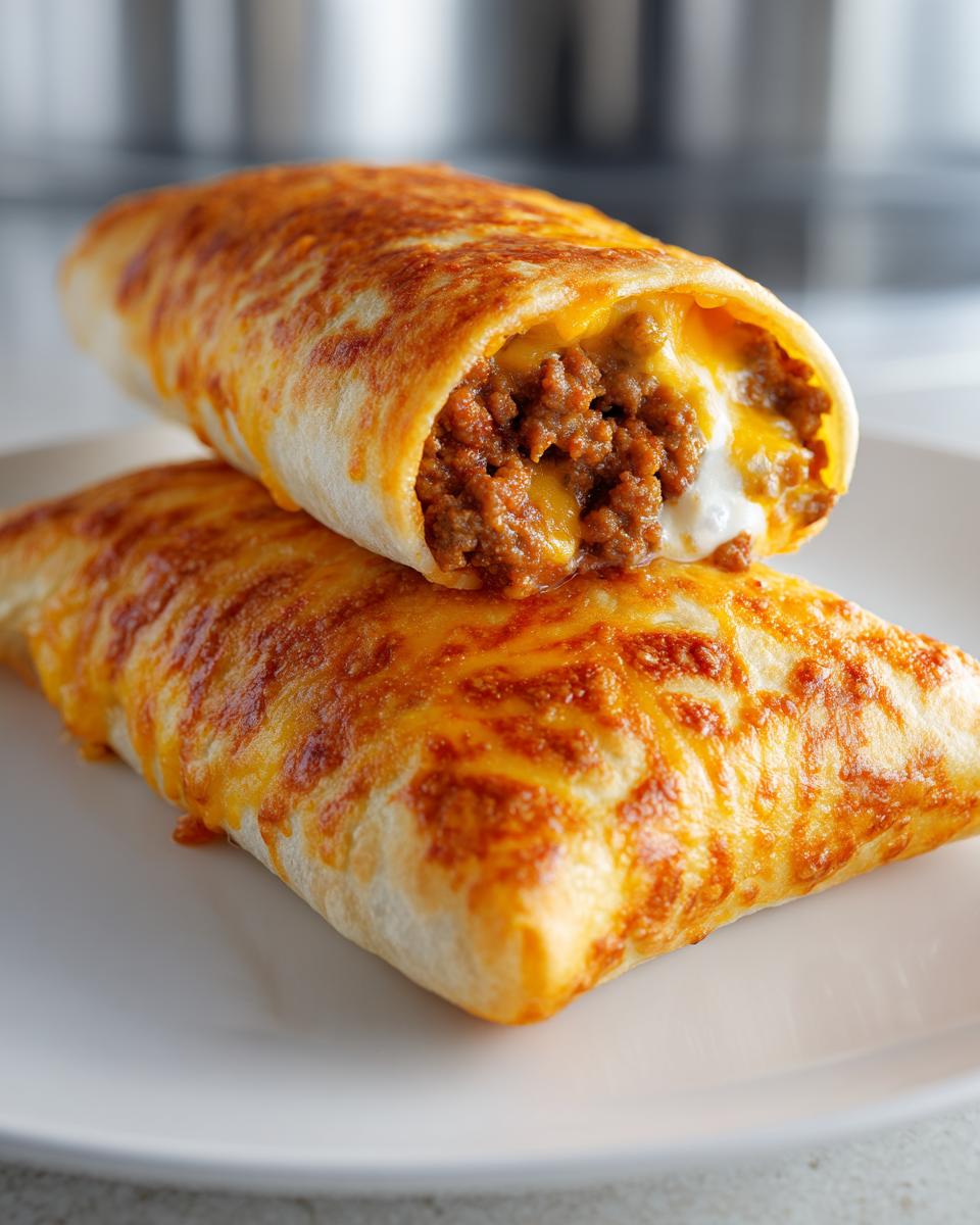 Two golden-brown cheesy pocket tacos stacked, one cut open revealing seasoned ground beef and melted cheese.