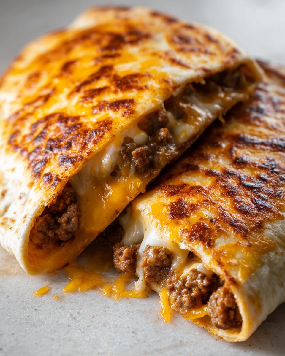 Close-up of two halves of cheesy pocket tacos stuffed with seasoned ground beef and gooey melted cheese.