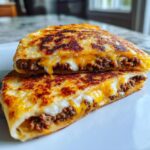 Close-up of two halves of cheesy pocket tacos stacked, showing ground beef and melted yellow and white cheese.