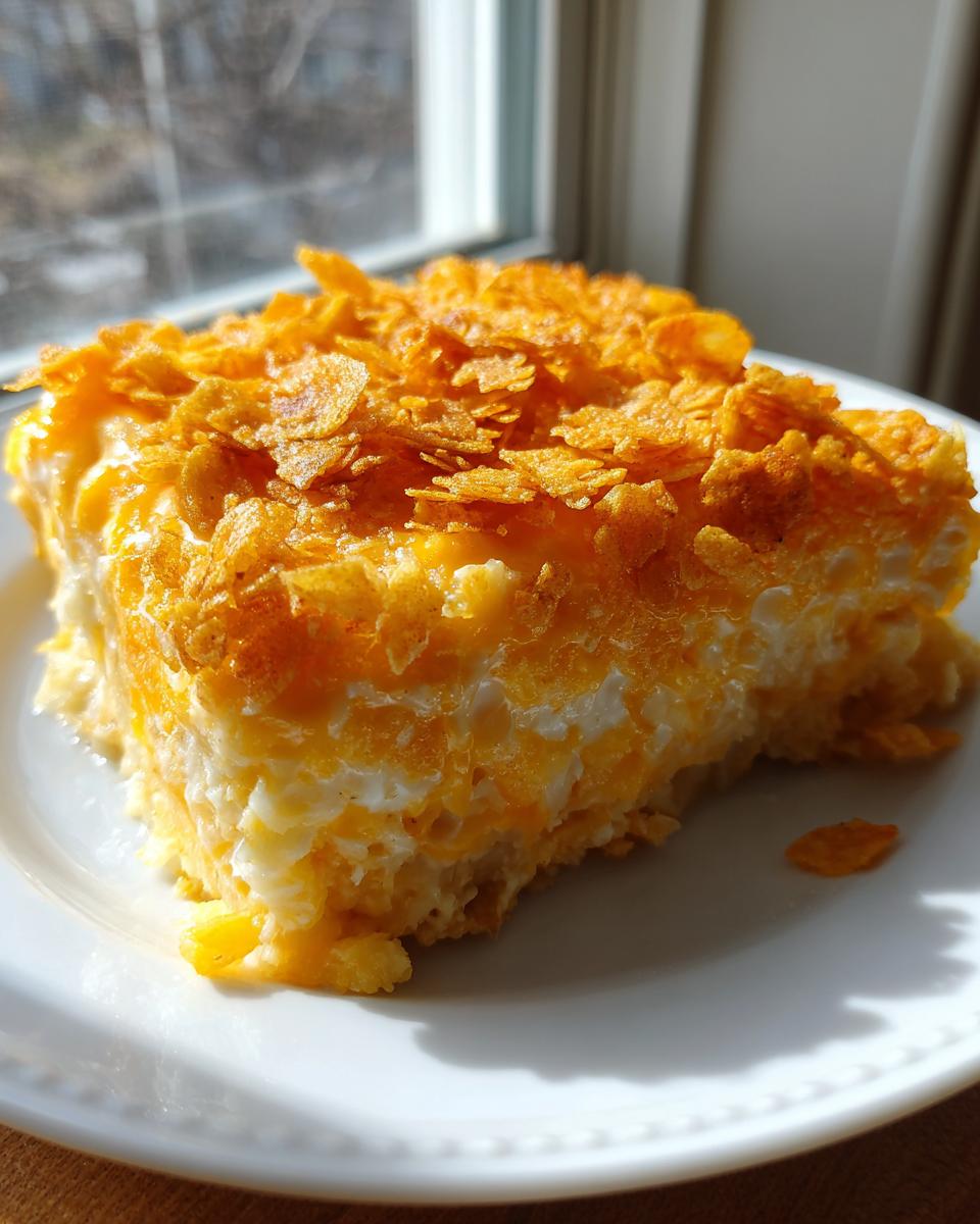A square serving of cheesy potato bake topped with crunchy, golden cornflakes, served on a white plate.