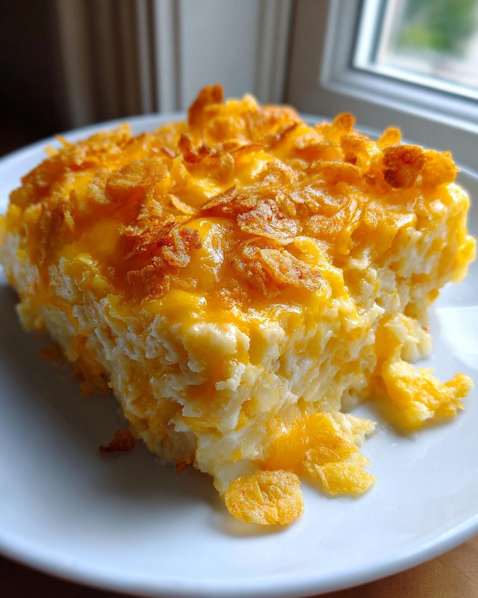 A single serving of cheesy potato casserole topped with melted cheddar cheese and crispy cornflakes.