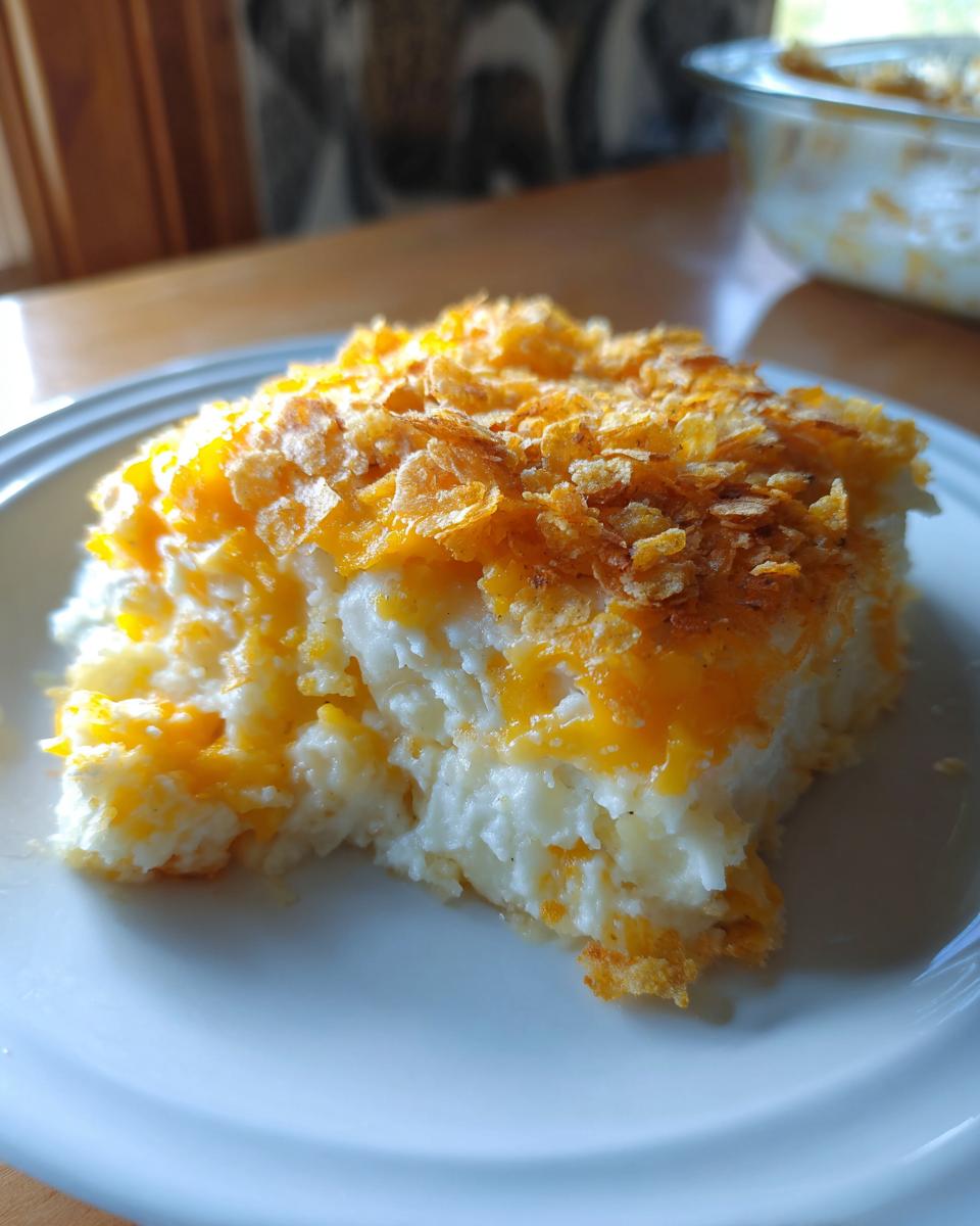A square serving of creamy cheesy potato casserole topped with melted cheddar and crushed cornflakes on a white plate.